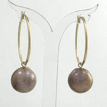 Load image into Gallery viewer, 14K Yellow Gold Lavender Pearl Hoop Earrings