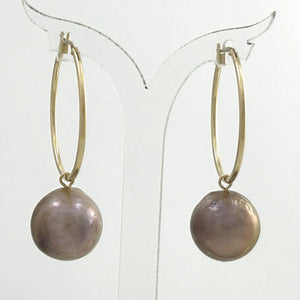 14K Yellow Gold Lavender Pearl Hoop Earrings