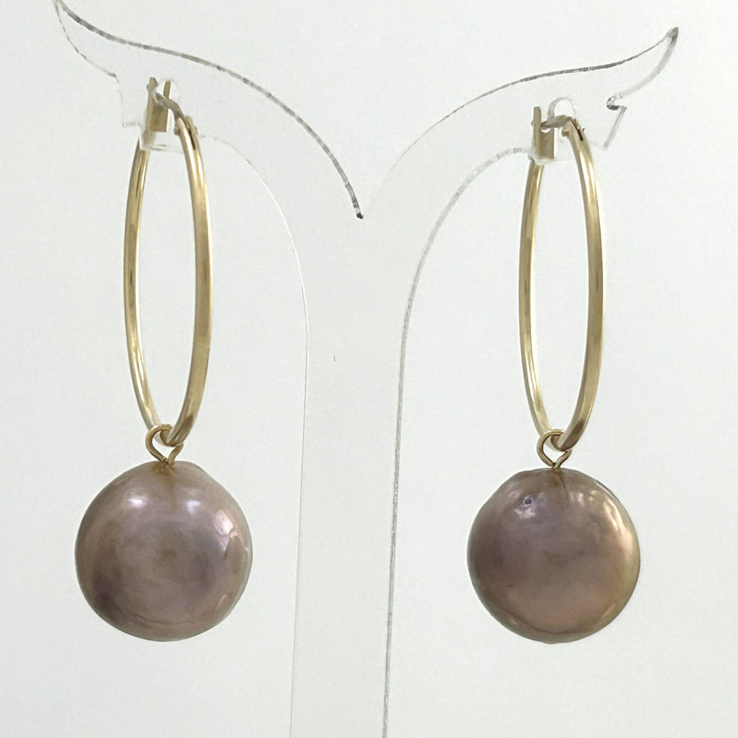 14K Yellow Gold Lavender Pearl Hoop Earrings