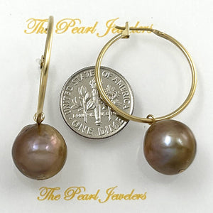 14K Yellow Gold Lavender Pearl Hoop Earrings