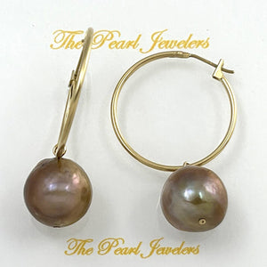 14K Yellow Gold Lavender Pearl Hoop Earrings
