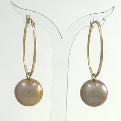 14K Yellow Gold Pink Pearl Hoop Earrings (12.5mm)