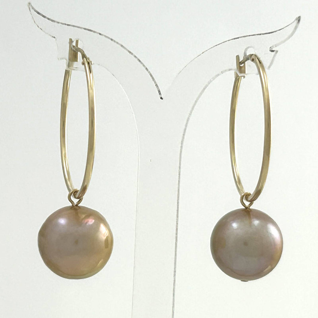 14K Yellow Gold Pink Pearl Hoop Earrings (12.5mm)