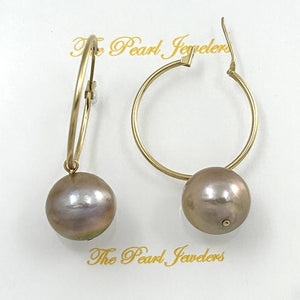 14K Yellow Gold Pink Pearl Hoop Earrings (12.8mm)