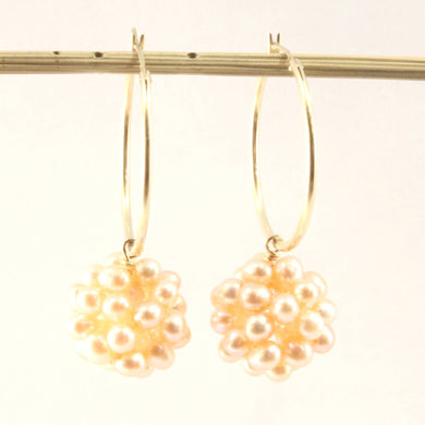 14K Yellow Gold Pink Pearl Ball Hoop Earrings (15mm)