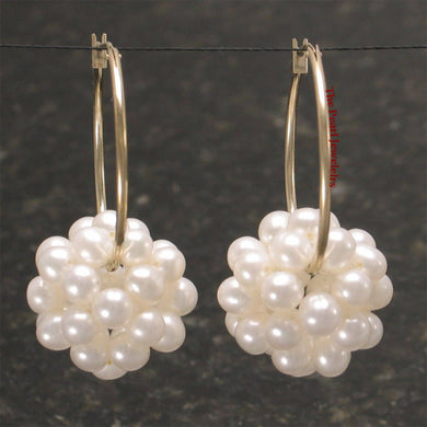 14K Yellow Gold White Pearl Ball Hoop Earrings (15mm)