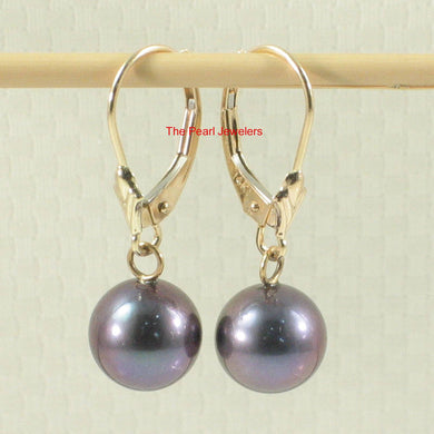 14K Yellow Gold Eggplant Pearl Leverback Earrings (8–8.5mm)