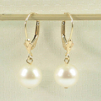 14K Yellow Gold White Pearl Leverback Dangle Earrings