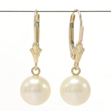 14K Yellow Gold White Pearl Leverback Earrings (8–8.5mm)