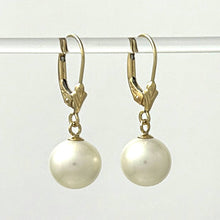 Load image into Gallery viewer, 14K Yellow Gold White Pearl Leverback Dangle Earrings (9–10mm)