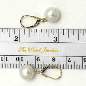 14K Yellow Gold White Pearl Leverback Dangle Earrings (9–10mm)