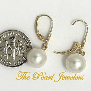 14K Yellow Gold White Pearl Leverback Dangle Earrings (9–10mm)