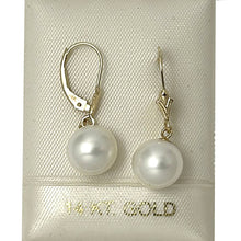 Load image into Gallery viewer, 14K Yellow Gold White Pearl Leverback Dangle Earrings (9–10mm)