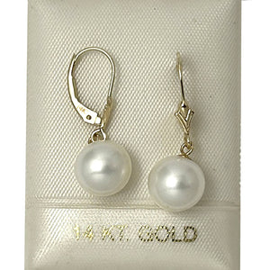 14K Yellow Gold White Pearl Leverback Dangle Earrings (9–10mm)