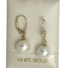 Load image into Gallery viewer, 14K Yellow Gold White Pearl Leverback Dangle Earrings (9–10mm)
