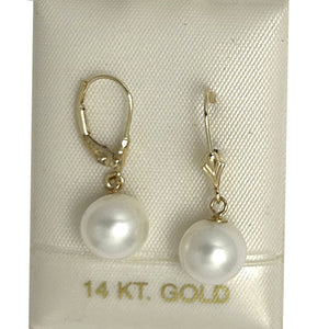 14K Yellow Gold White Pearl Leverback Dangle Earrings (9–10mm)