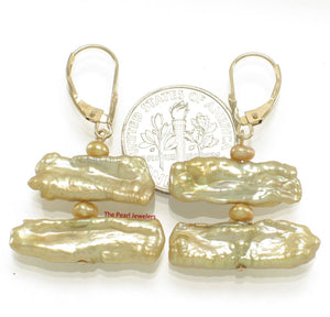 14K Yellow Gold Leverback Golden Biwa Pearl Dangle Earrings