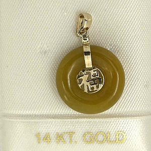 14kt Yellow Gold Mini Donut Honey Jade Luck “Fu” Pendant Necklace