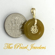 Load image into Gallery viewer, 14kt Yellow Gold Mini Donut Honey Jade Luck “Fu” Pendant Necklace