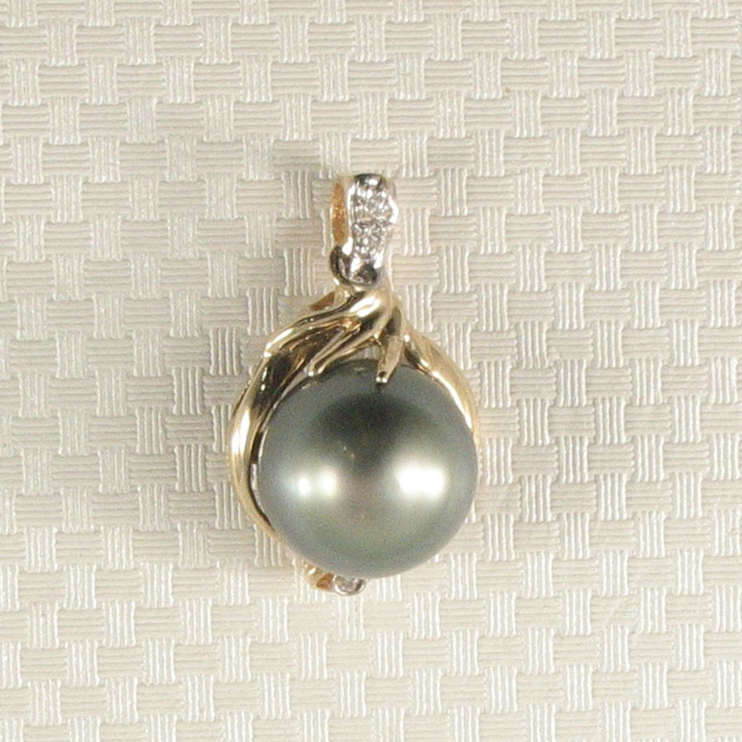 14k Yellow Gold Octopus Black Tahitian Pearl & Diamond Pendant