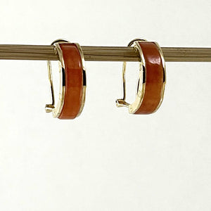 14K Yellow Gold Omega Clip Bend Tablet Red Jade Hoop Earrings