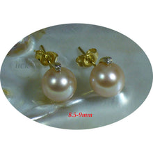 Load image into Gallery viewer, 14K Yellow Gold Diamond Peach Cultured Pearl Stud Earrings (8.5–9mm)