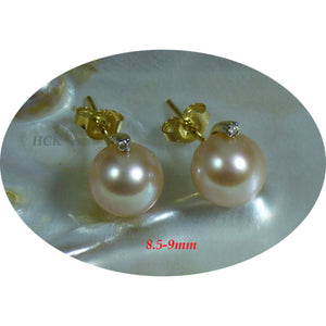 14K Yellow Gold Diamond Peach Cultured Pearl Stud Earrings (8.5–9mm)