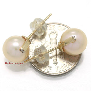 14K Yellow Gold Diamond Peach Cultured Pearl Stud Earrings (8.5–9mm)