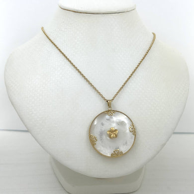 14k Solid Yellow Gold Hawaiian Plumeria Disc Mother of Pearl Pendant Necklace