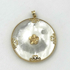 14k Solid Yellow Gold Hawaiian Plumeria Disc Mother of Pearl Pendant Necklace