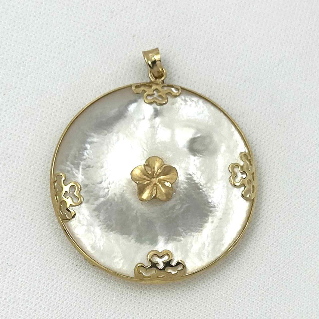 14k Solid Yellow Gold Hawaiian Plumeria Disc Mother of Pearl Pendant Necklace