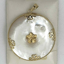 Load image into Gallery viewer, 14k Solid Yellow Gold Hawaiian Plumeria Disc Mother of Pearl Pendant Necklace