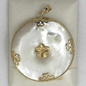 14k Solid Yellow Gold Hawaiian Plumeria Disc Mother of Pearl Pendant Necklace