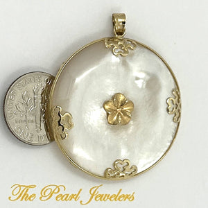 14k Solid Yellow Gold Hawaiian Plumeria Disc Mother of Pearl Pendant Necklace