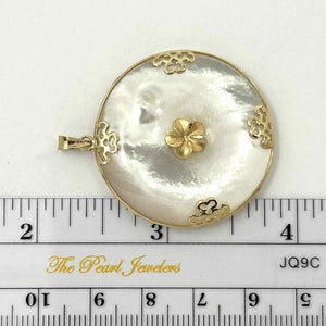 14k Solid Yellow Gold Hawaiian Plumeria Disc Mother of Pearl Pendant Necklace