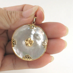 14k Solid Yellow Gold Hawaiian Plumeria Disc Mother of Pearl Pendant Necklace