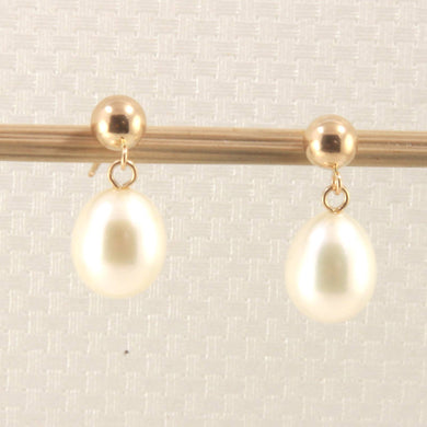 14K Yellow Gold White Raindrop Pearl Dangle Stud Earrings