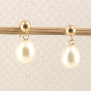 14K Yellow Gold White Raindrop Pearl Dangle Stud Earrings