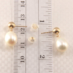 14K Yellow Gold White Raindrop Pearl Dangle Stud Earrings