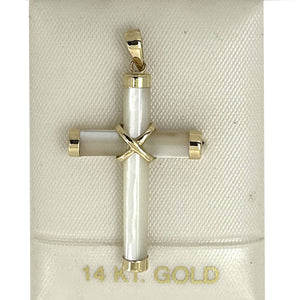 14k Yellow Gold Religious Cross Mother of Pearl Pendant