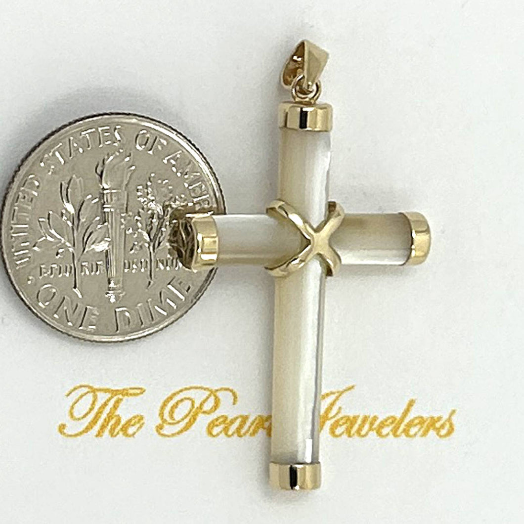 14k Yellow Gold Religious Cross Mother of Pearl Pendant