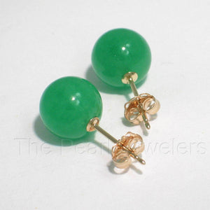 14K Yellow Gold Round Ball Green Jade Stud Earrings
