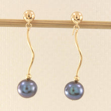 Load image into Gallery viewer, 14K Yellow Gold Spiral Tube Gray Pearl Dangle Stud Earrings (8–8.5mm)