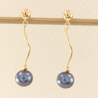 14K Yellow Gold Spiral Tube Gray Pearl Dangle Stud Earrings (8–8.5mm)