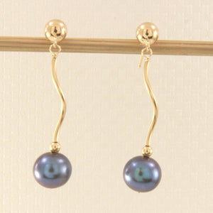 14K Yellow Gold Spiral Tube Gray Pearl Dangle Stud Earrings (8–8.5mm)