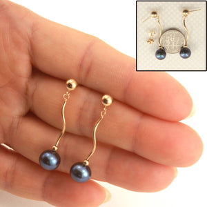 14K Yellow Gold Spiral Tube Gray Pearl Dangle Stud Earrings (8–8.5mm)