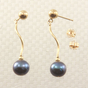 14K Yellow Gold Spiral Tube Gray Pearl Dangle Stud Earrings (8–8.5mm)