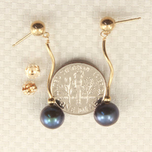 14K Yellow Gold Spiral Tube Gray Pearl Dangle Stud Earrings (8–8.5mm)