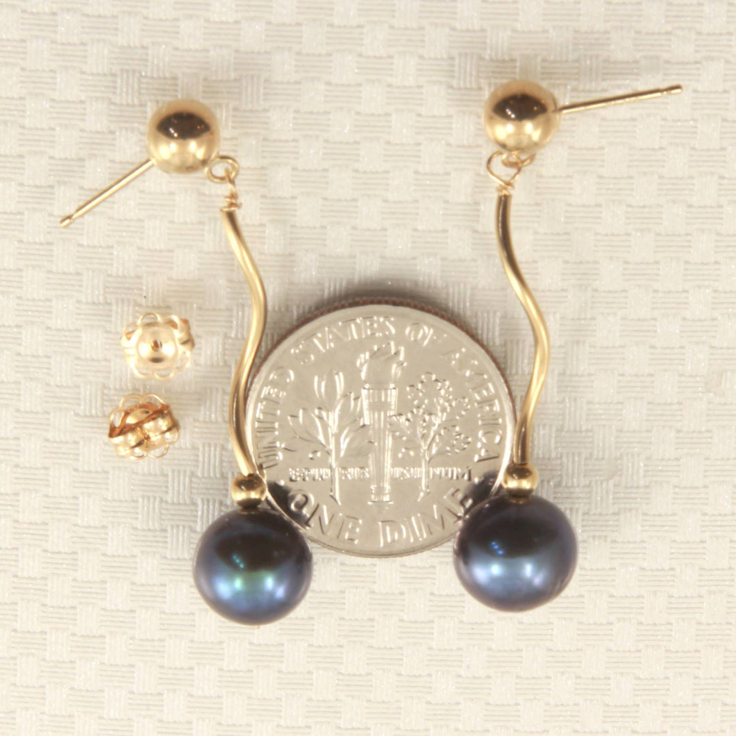 14K Yellow Gold Spiral Tube Gray Pearl Dangle Stud Earrings (8–8.5mm)