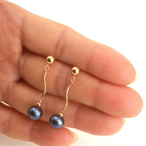 14K Yellow Gold Spiral Tube Gray Pearl Dangle Stud Earrings (8–8.5mm)